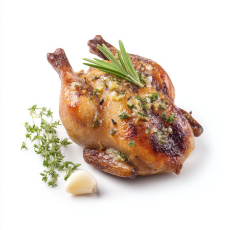 A beautifully roasted quail garnished with herbs and garlic, resting on a clean white background, perfect for food photography and culinary inspiration.の素材