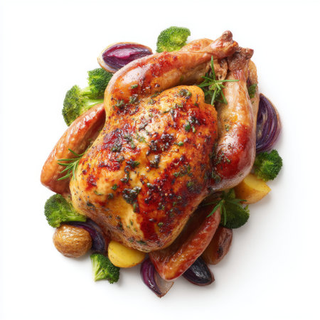 This image showcases a beautifully roasted chicken surrounded by vibrant vegetables and aromatic herbs, perfect for a delicious meal presentation.の素材