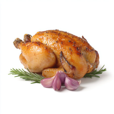 Whole roasted chicken garnished with fresh rosemary and garlic cloves, showcasing an enticing golden crust and savory aroma, perfect for any meal.の素材