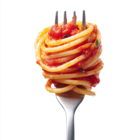 This visually appealing image features a perfectly twirled forkful of spaghetti drizzled with tomato sauce and garnished with fresh herbs, highlighting Italian culinary art.の素材