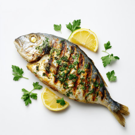 A beautifully grilled fish garnished with fresh parsley and lemon slices, showcasing vibrant colors on a minimalist white background, perfect for culinary visuals.の素材