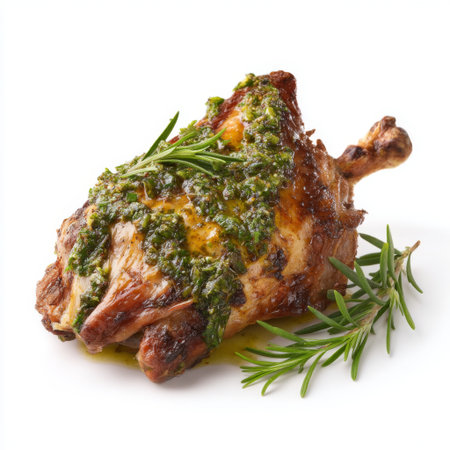 A delectable roast chicken leg adorned with vibrant green sauce and fresh herbs, perfect for gourmet meals and culinary presentations.の素材