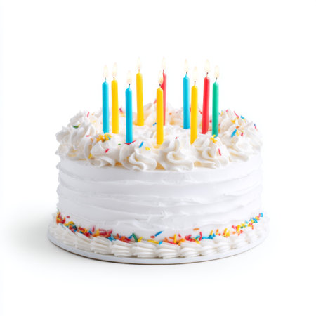 A vibrant birthday cake adorned with colorful candles and sprinkles on a clean white surface, perfect for celebrations and joyful gatherings.の素材