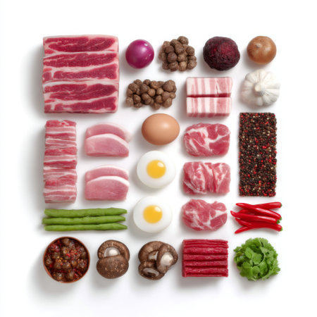 A vibrant arrangement of fresh ingredients including various meats, vegetables, spices, and eggs, ideal for culinary enthusiasts and food photography.の素材