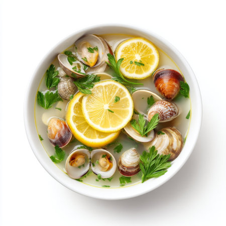 Indulge in a vibrant bowl of clam soup, featuring juicy clams, zesty lemon slices, and fresh parsley on a clean white background. Perfect for seafood lovers.の素材