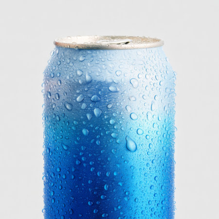 This image features a close-up of a chilled blue aluminum can with water droplets, highlighting freshness and thirst-quenching qualities, perfect for food and beverage themes.の素材