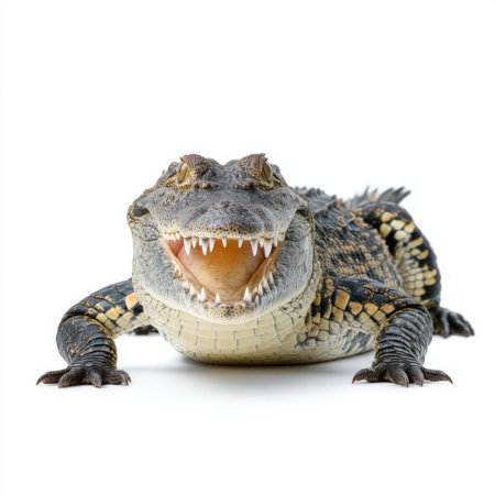 This stunning close-up image captures a crocodile displaying its sharp teeth and intricate scale pattern against a pure white backdrop.の素材