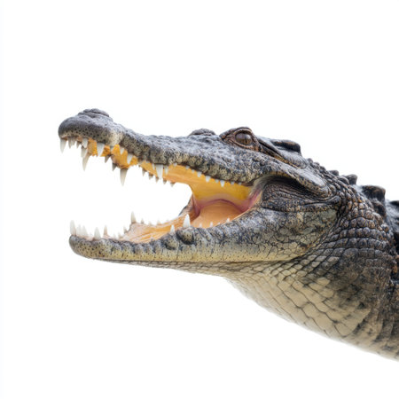 This striking close-up image captures the fierce face of a crocodile, showcasing its sharp teeth and detailed textured scales, perfect for wildlife-related themes.の素材