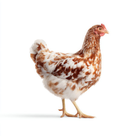 This stunning image features a beautiful brown and white hen standing confidently against a pure white background, showcasing its vibrant feathers and graceful profile.の素材