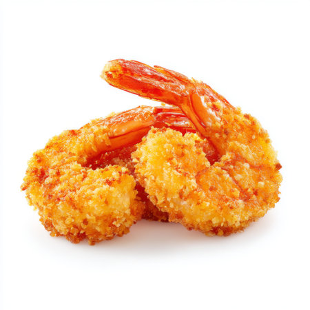 Enjoy a close-up view of crispy golden fried shrimp, perfect for any appetizer or main dish, showcasing a delicious dining experience on a clean white plate.の素材