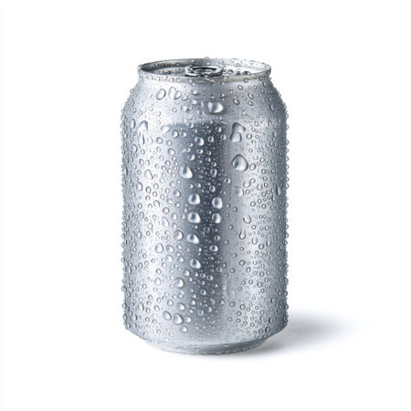 This image features a polished silver beverage can adorned with glistening water droplets, creating a refreshing and appealing visual on a white background.の素材