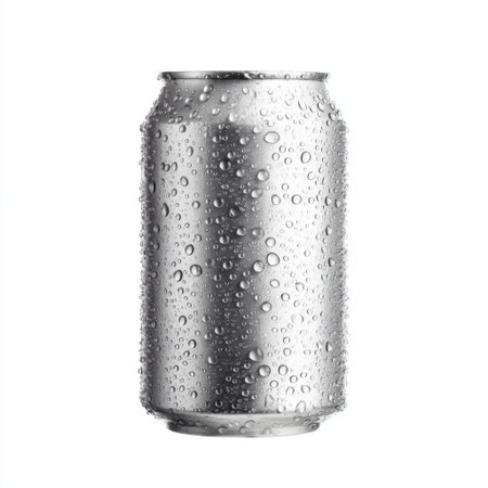 This image features a glimmering aluminum can covered in water droplets, standing isolated against a clean white background. The shiny surface and condensation create an inviting visual for various beverage concepts, emphasizing refreshment and hydration. Perfect for marketing and advertising.の素材