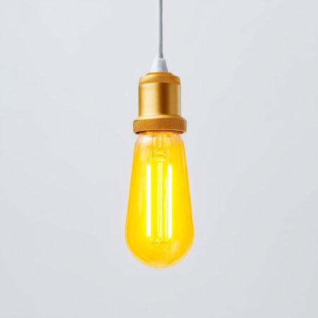 This elegant hanging pendant light features a vibrant yellow bulb, set against a minimalist background, ideal for modern interior decor.の素材