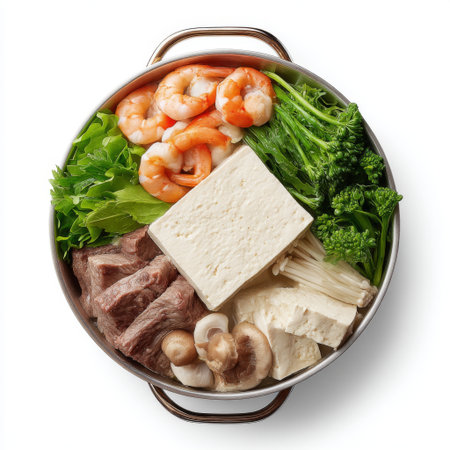 A vibrant assortment of fresh ingredients for a mouthwatering Asian hot pot featuring shrimp, beef, tofu, and a variety of vegetables, perfect for sharing.の素材