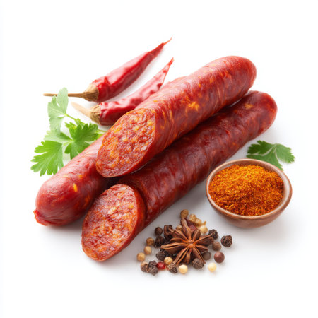 This vibrant image features freshly sliced chorizo sausage complemented by various spices and fresh herbs on a clean white background. Perfect for culinary inspiration.の素材