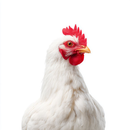 This high-quality image captures a curious white chicken with a bright red comb and beak. The bird's detailed features stand out against a clean white background, perfect for various projects.の素材