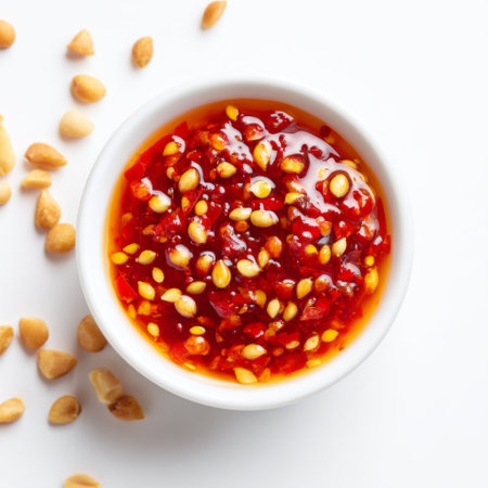 A vibrant bowl of spicy red chili oil adorned with crushed peanuts and sesame seeds, perfect for adding a kick to various dishes.の素材