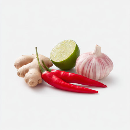 A vibrant arrangement of fresh vegetables and spices featuring ginger, lime, garlic, and red chili, perfect for enhancing culinary creations and healthy dishes.の素材