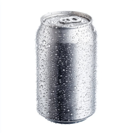 Isolated aluminum can with water droplets, symbolizing freshness and thirst-quenching beverages. Ideal for beverage marketing and promotional content.の素材