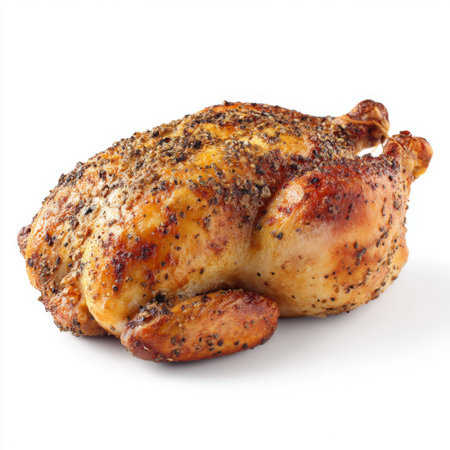 A beautifully roasted whole chicken showcasing crispy skin and rich seasoning. Ideal for culinary presentations, meal preparation, and delicious dining experiences.の素材