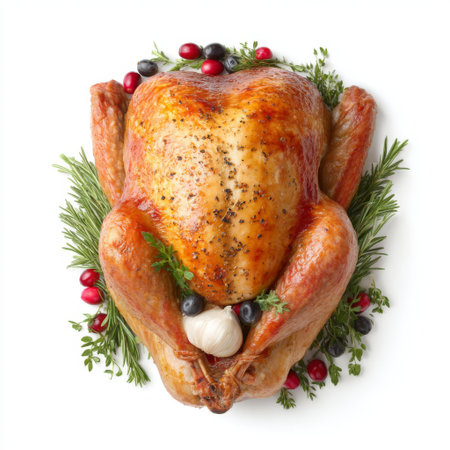 A beautifully roasted turkey, glistening with a golden hue, is adorned with fresh herbs and vibrant berries, ideal for festive celebrations and meals.の素材