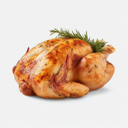 A beautifully roasted whole chicken, perfectly golden and garnished with fresh herbs, ideal for food photography and culinary inspiration.の素材