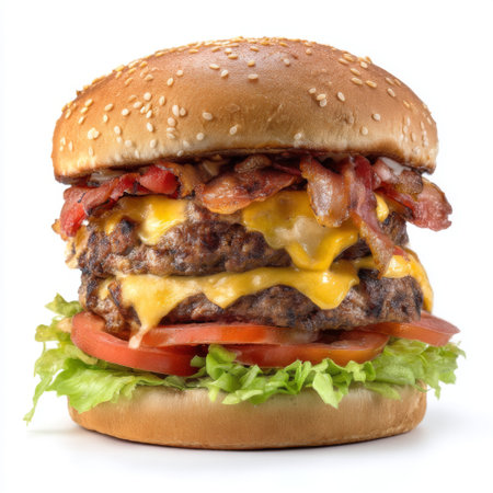 This image features a mouthwatering bacon cheeseburger piled high with melted cheddar cheese, crispy bacon, fresh tomato, and crisp lettuce, all nestled in a light sesame seed bun, perfect for food lovers.の素材