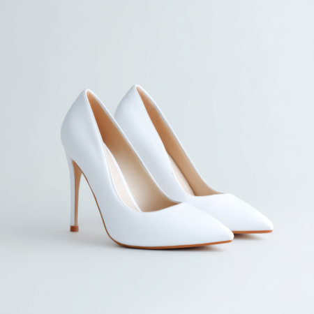 Stunning white high heels with a slender stiletto heel, ideal for elegant occasions and fashion-forward ensembles. Perfect accessory for any outfit.の素材