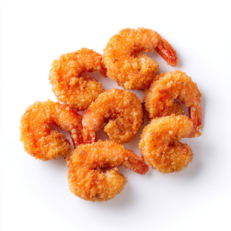 A stunning display of crispy golden breaded shrimp, expertly prepared for seafood lovers. Perfect for appetizers, main meals, or catering events.の素材