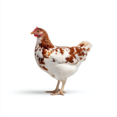 This image features a brown and white spotted chicken standing gracefully against a bright white background, showcasing its unique colors and profile.の素材