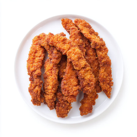 A vibrant plate of crispy golden chicken tenders ideal for meal occasions, showcasing a scrumptious golden breaded exterior and tender interior.の素材