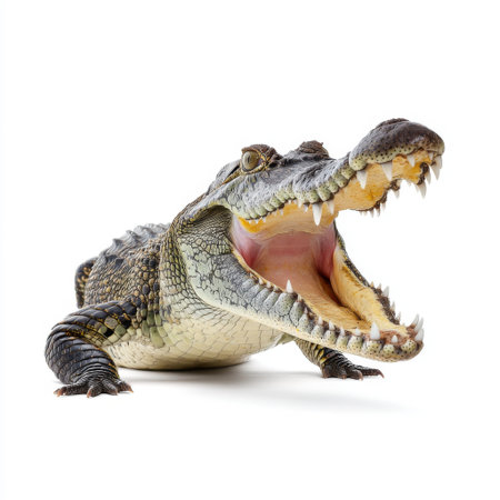 A stunning close-up of a crocodile with its mouth wide open, showcasing an impressive array of sharp teeth. This reptile symbolizes the untamed wildlife of aquatic ecosystems.の素材