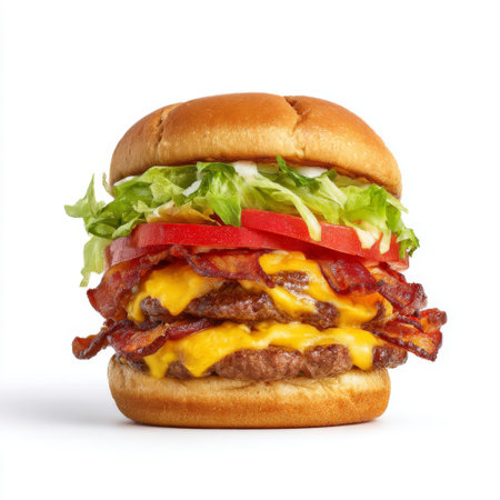 This mouth-watering cheeseburger features succulent beef patties layered with crispy bacon, fresh lettuce, and juicy tomatoes, topped with creamy mayonnaise.の素材