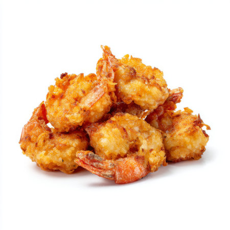 A mouth-watering display of golden crispy fried shrimp, perfect for food lovers and culinary enthusiasts. Ideal for menus, cookbooks, and promotional materials.の素材