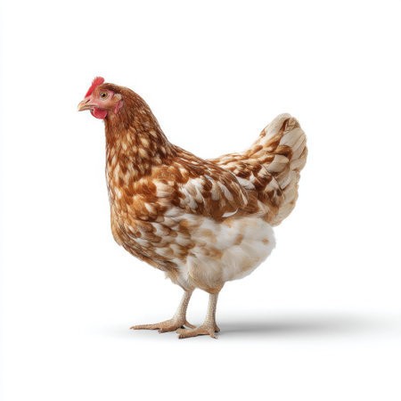 This image showcases a brown and white speckled hen standing on a clean white backdrop, highlighting its unique feathers and vibrant colors. Perfect for farm-themed projects.の素材