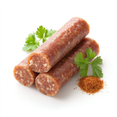 Three savory meat sticks are artfully arranged with fresh herbs and spices, creating an appealing presentation perfect for food photography and culinary themes.の素材