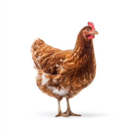 This image features a healthy brown chicken showcasing its vibrant feathers against a clean white background, symbolizing farm life and poultry.の素材