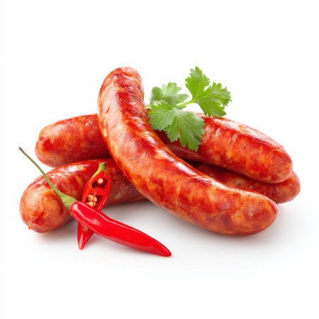 This image showcases freshly grilled red sausages paired with vibrant chili peppers and a garnish of green herbs, creating a visually appealing and delicious scene.の素材