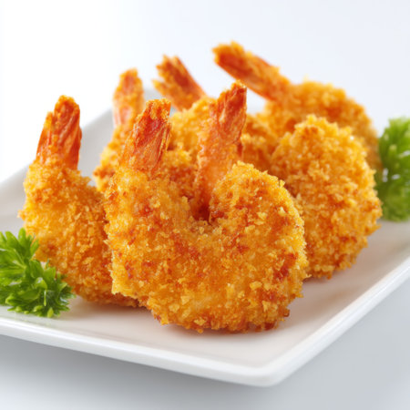 This vibrant image showcases crispy golden breaded shrimp elegantly arranged on a white plate, garnished with fresh greens, perfect for any seafood dish or culinary delight.の素材