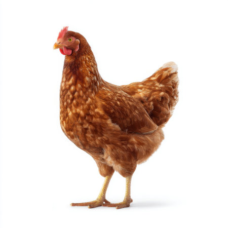 A vibrant brown hen showcases its feathers and proud stature against a clean white background, symbolizing farm life and sustainable agriculture themes.の素材