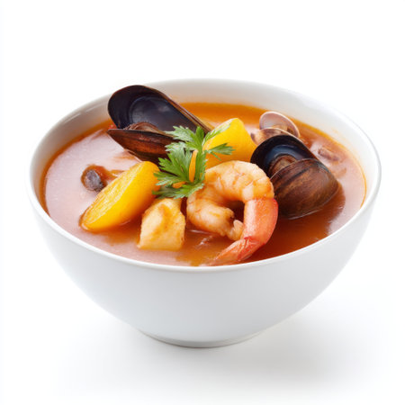This enticing seafood soup features fresh shrimp, mussels, and vibrant vegetables, all garnished with herbs, perfect for a comforting meal.の素材
