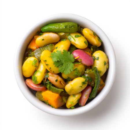This vibrant bean salad features an array of colorful beans mixed with fresh vegetables and herbs, perfect for a healthy meal or side dish.の素材