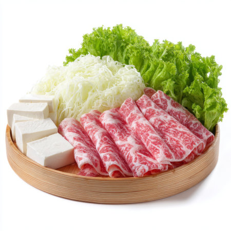 This image showcases a vibrant arrangement of fresh ingredients ideal for a hot pot meal, featuring thinly sliced meat, tofu, cabbage, and leafy greens. Perfect for culinary enthusiasts.の素材