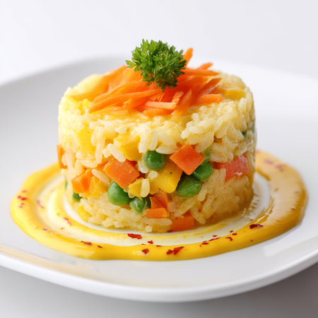 A beautifully presented stack of colorful vegetable rice topped with fresh carrot shavings and drizzled with yellow sauce, perfect for elegant dining.の素材