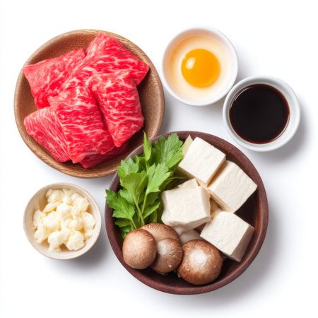 A vibrant collection of fresh ingredients ideal for preparing a hot pot dish, showcasing marbled beef, tofu, mushrooms, a fresh egg, and aromatic herbs, ready for cooking.の素材