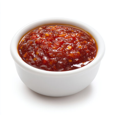 This image showcases a bowl of spicy red chili sauce, perfect for enhancing dishes. Ideal for food photography, recipes, and culinary inspiration.の素材
