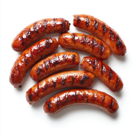 A mouthwatering arrangement of grilled sausages on a pristine white background. This image captures the juicy, smoky texture and sizzling appeal ideal for food enthusiasts and culinary projects.の素材