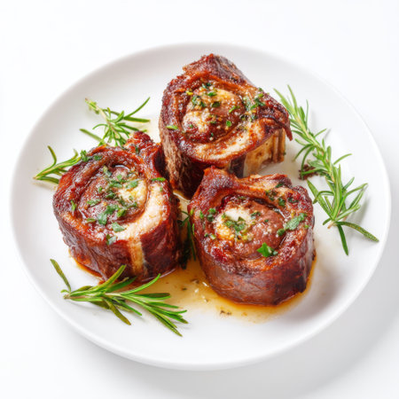 This image showcases savory meat rolls garnished with fresh herbs, elegantly presented on a white plate, perfect for gourmet meals and culinary inspiration.の素材