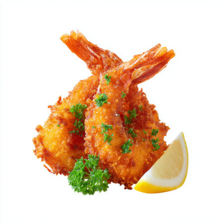 Crispy fried shrimp with a golden crust, beautifully garnished with parsley and a lemon wedge, perfect for appetizers or main dishes.の素材