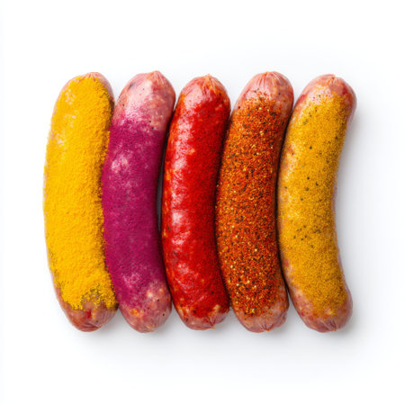 Five vibrant sausages coated with various colorful spices, showcasing a delightful assortment of flavors, perfect for any culinary creation or event.の素材